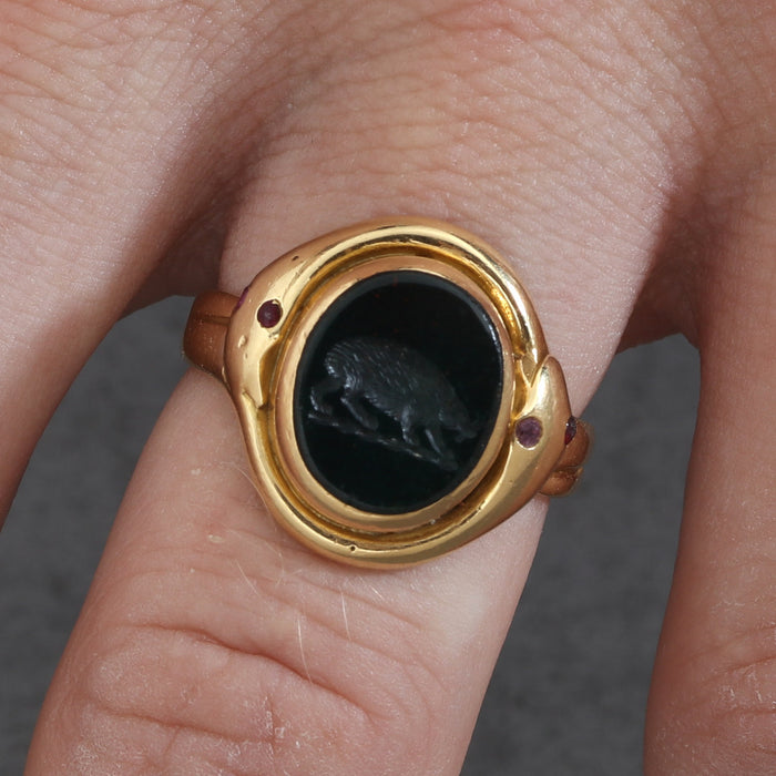 VICTORIAN OUROBOROS SNAKE SIGNET RING 18K YELLOW GOLD