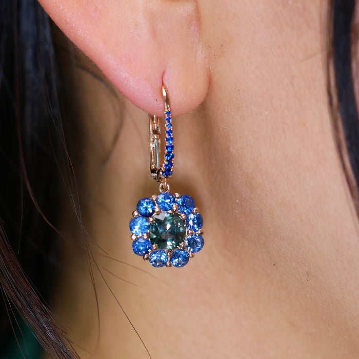 GREEN AND BLUE SAPPHIRE DROP EARRINGS 18K ROSE GOLD