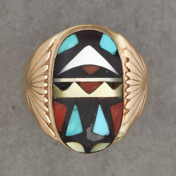 ZUNI INLAY RING 14K YELLOW GOLD WILLIAM AND VIRGINIA QUAM
