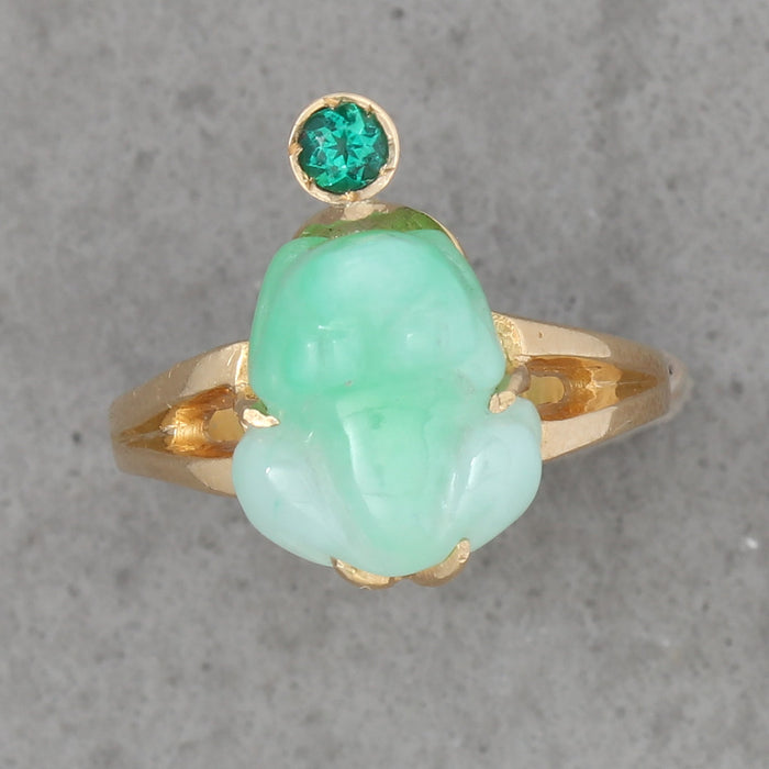 JADE FROG AND EMERALD RING 18K YELLOW GOLD