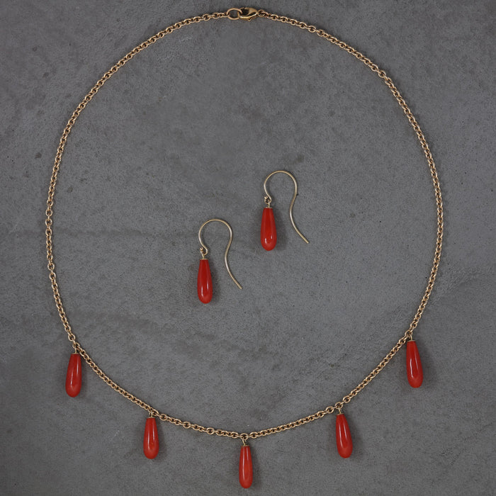 CORAL FRINGE NECKLACE AND EARRING SUITE 14K YELLOW GOLD