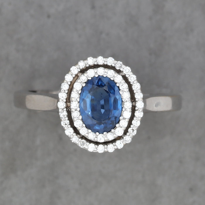 BIRKS SAPPHIRE DIAMOND DOUBLE HALO RING 18K WHITE GOLD