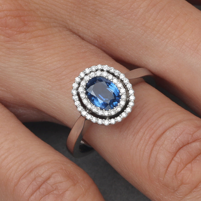 BIRKS SAPPHIRE DIAMOND DOUBLE HALO RING 18K WHITE GOLD