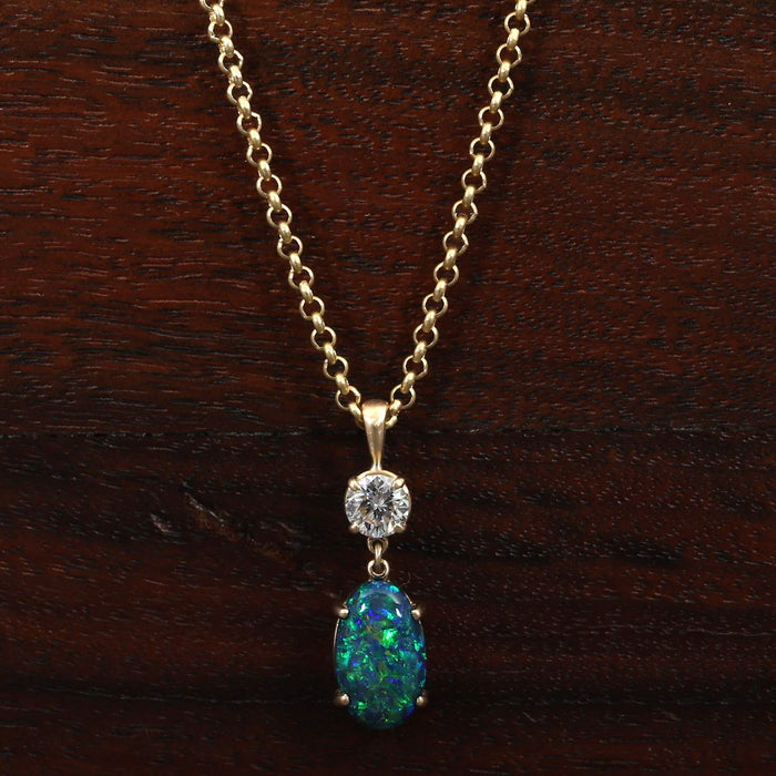 ESTATE GEM BLACK OPAL & DIAMOND PENDANT 18K YELLOW GOLD