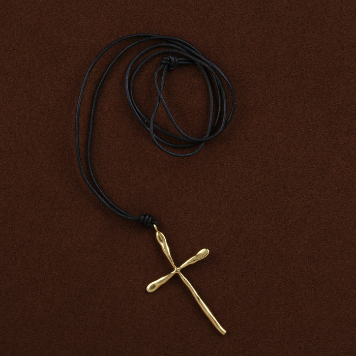 FREE FORM CROSS IN 18K YELLOW GOLD ON BLACK LEATHER CORD 28"