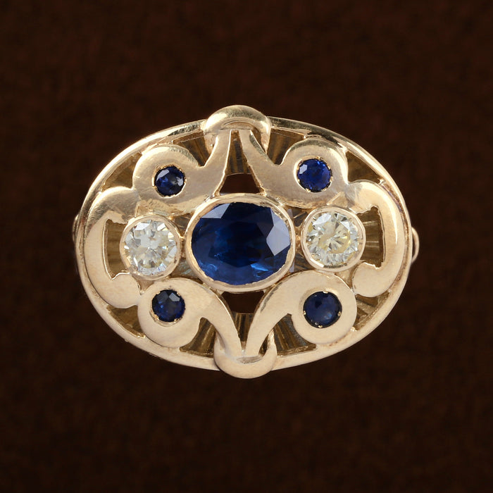 SAPPHIRE & DIAMOND ART NOUVEAU RING 14K YELLOW GOLD