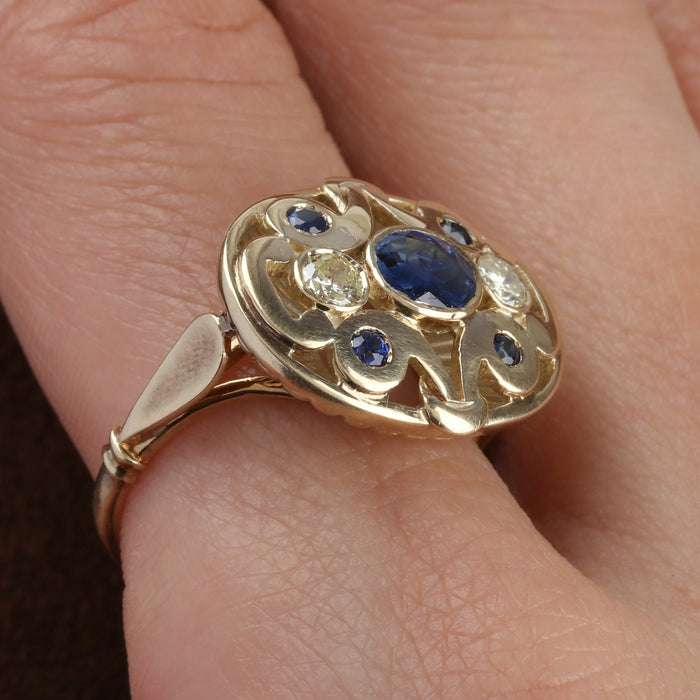 SAPPHIRE & DIAMOND ART NOUVEAU RING 14K YELLOW GOLD