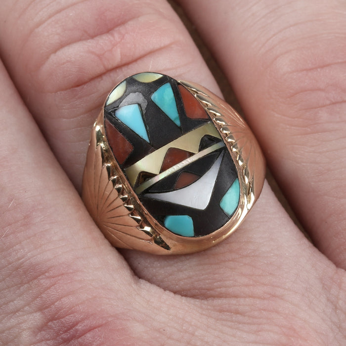 ZUNI INLAY RING 14K YELLOW GOLD WILLIAM AND VIRGINIA QUAM