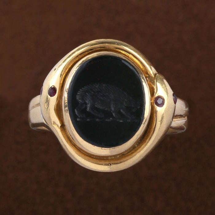 VICTORIAN OUROBOROS SNAKE SIGNET RING 18K YELLOW GOLD