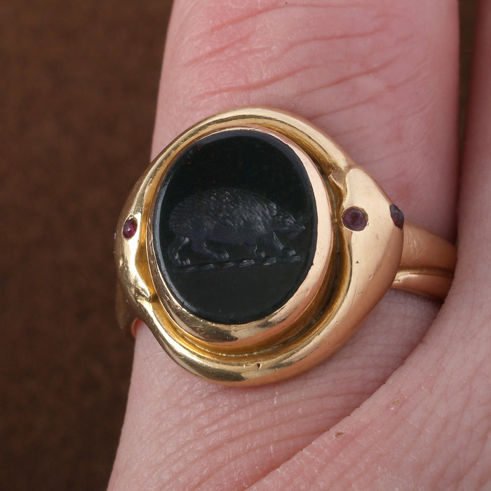 VICTORIAN OUROBOROS SNAKE SIGNET RING 18K YELLOW GOLD