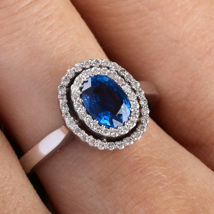 BIRKS SAPPHIRE DIAMOND DOUBLE HALO RING 18K WHITE GOLD