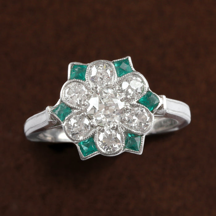 EMERALD & DIAMOND CLUSTER RING IN PLATINUM SIZE 3.5