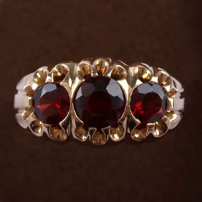 GARNET 3 STONE YELLOW GOLD RING 18K SZ 12
