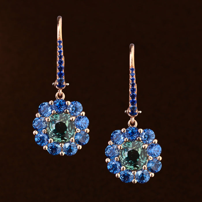 GREEN AND BLUE SAPPHIRE DROP EARRINGS 18K ROSE GOLD
