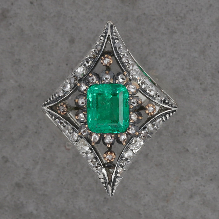 REVIVAL EMERALD & DIAMOND VICTORIAN RING IN SILVER 14K GOLD