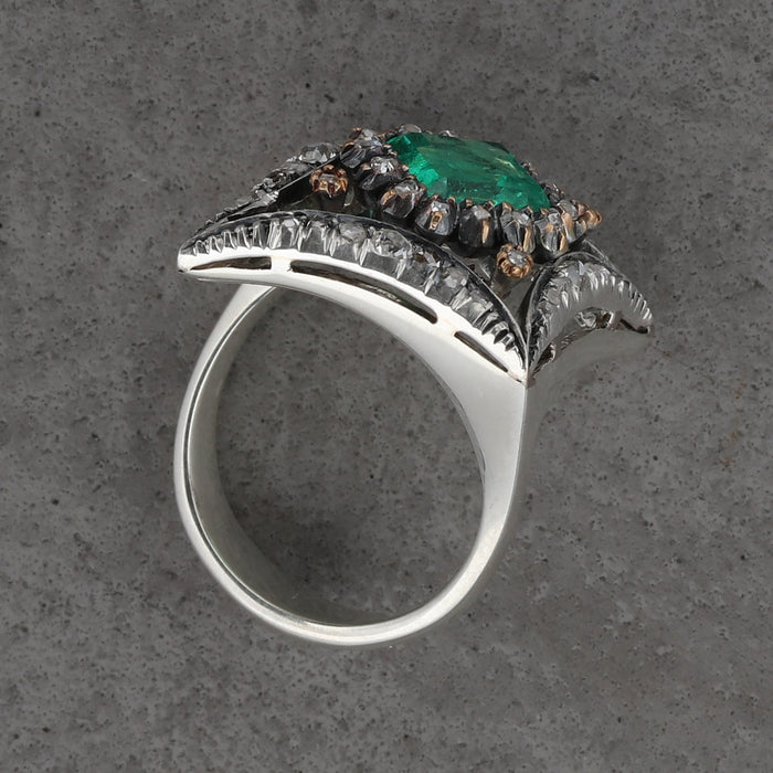 REVIVAL EMERALD & DIAMOND VICTORIAN RING IN SILVER 14K GOLD