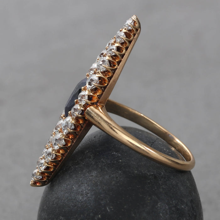 VICTORIAN SAPPHIRE AND DIAMOND NAVETTE RING 14KT ROSE GOLD