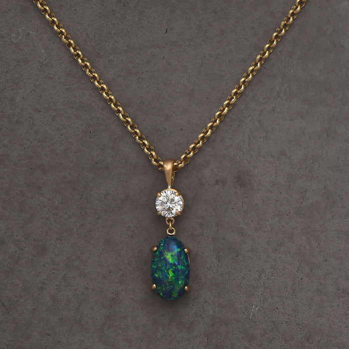 ESTATE GEM BLACK OPAL & DIAMOND PENDANT 18K YELLOW GOLD