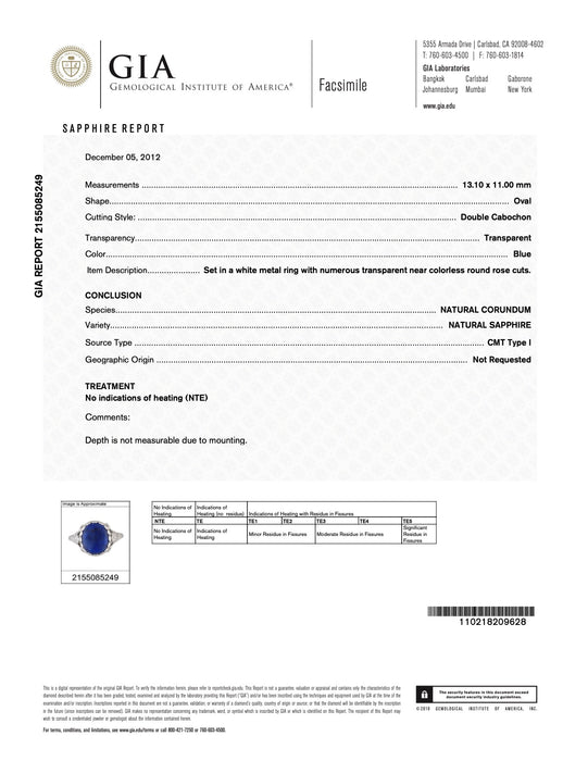 8.86ct Cabochon Sapphire Ring in Platinum