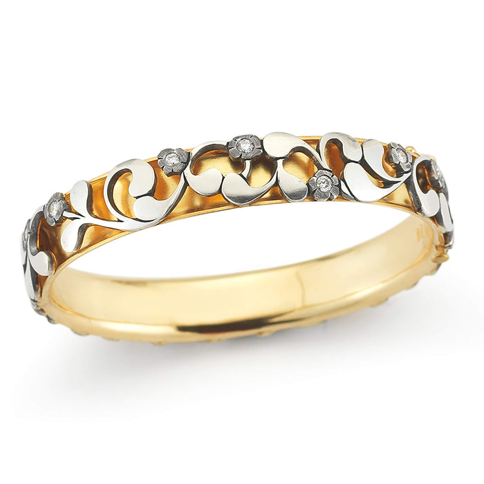 Pierced Flora Diamond Bangle in Silver & 18kt Yellow Gold