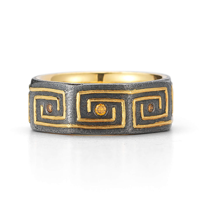 Fancy Orange Diamond Octagon Band in Wrought Iron & 22kt Yellow Gold