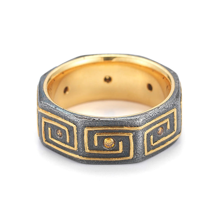 Fancy Orange Diamond Octagon Band in Wrought Iron & 22kt Yellow Gold