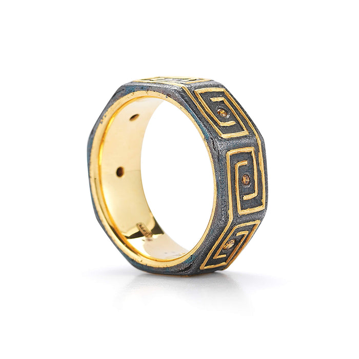 Fancy Orange Diamond Octagon Band in Wrought Iron & 22kt Yellow Gold