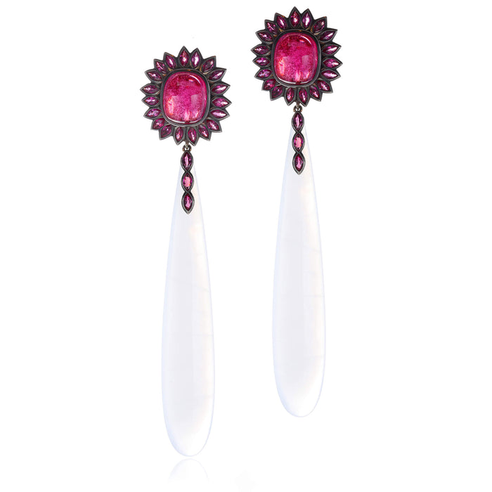 Noir Pink Tourmaline, Pink Sapphire & White Chalcedony Drop Earrings