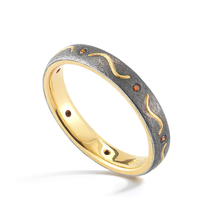 COGNAC DIAMOND WROUGHT IRON AND 22KT YELLOW GOLD INLAY BAND