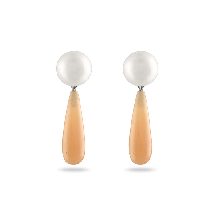 Button Pearl and Pink Opal Drop Earrings in Platinum