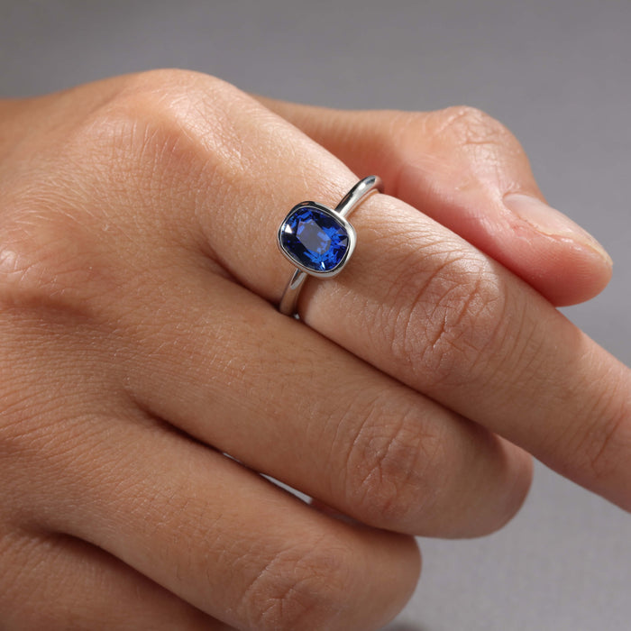 2.05CT CUSHION BLUE SAPPHIRE TAZZA RING IN PLATINUM