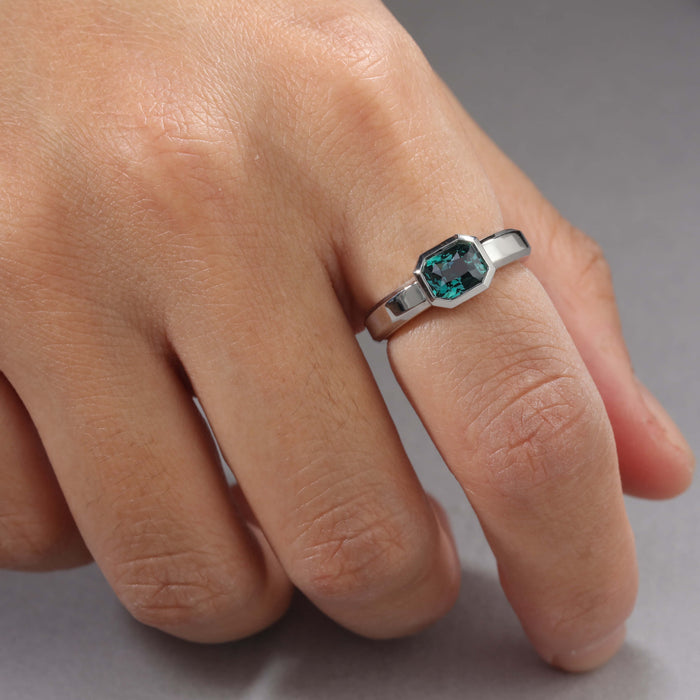 1.37CT RADIANT GREEN SAPPHIRE TAZZA RING IN PLATINUM