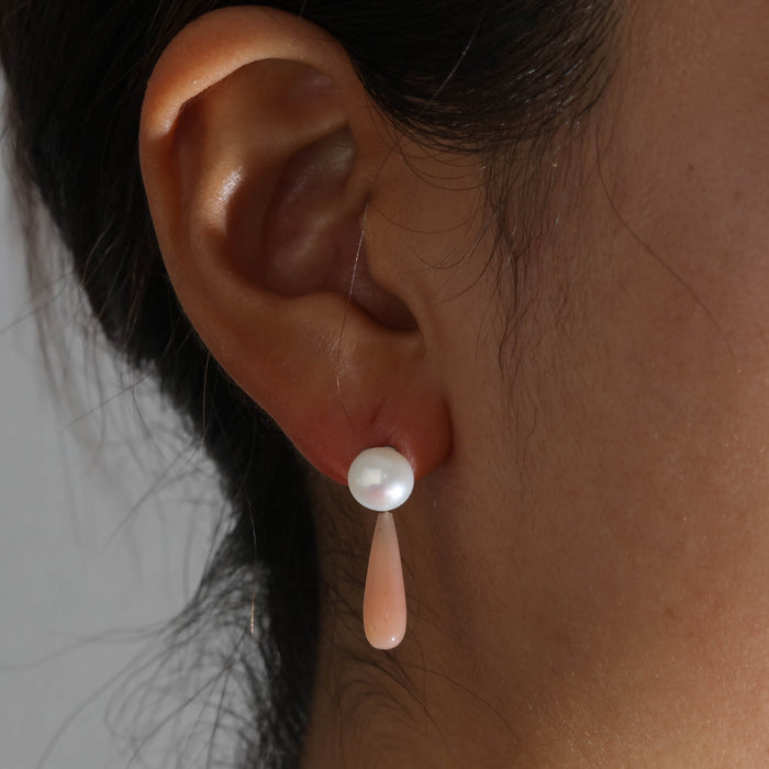Button Pearl and Pink Opal Drop Earrings in Platinum