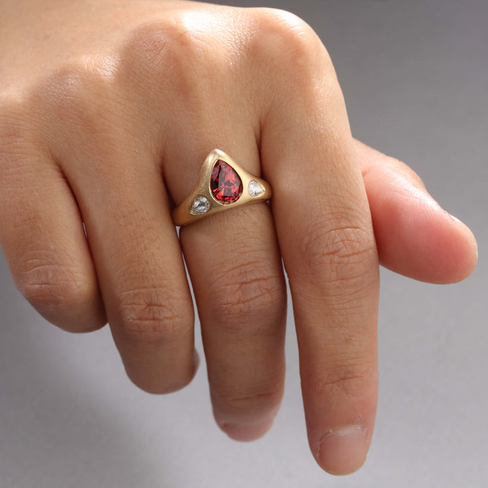 Pear Shape Ruby & Rose Cut Diamond Archers Ring in 18kt Yellow Gold