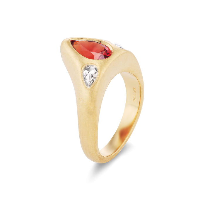 Pear Shape Ruby & Rose Cut Diamond Archers Ring in 18kt Yellow Gold