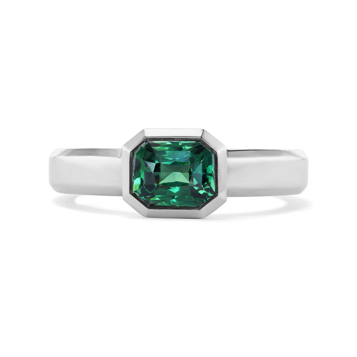 1.37CT RADIANT GREEN SAPPHIRE TAZZA RING IN PLATINUM